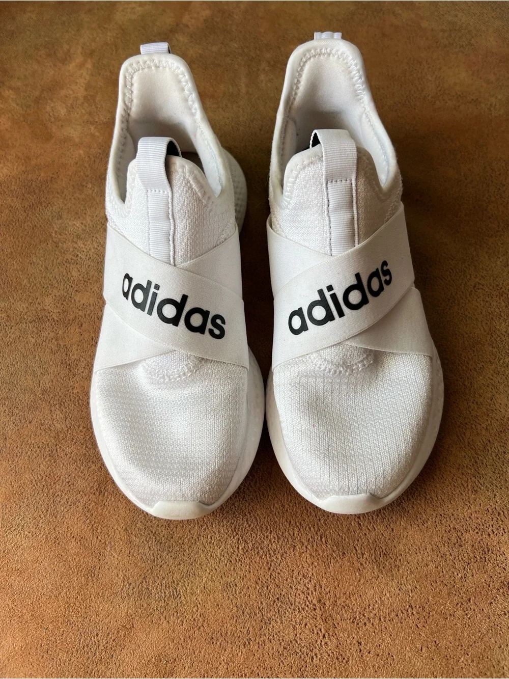 adidas White Slip-On Sneakers with Black Logo Strap. Size 6.5